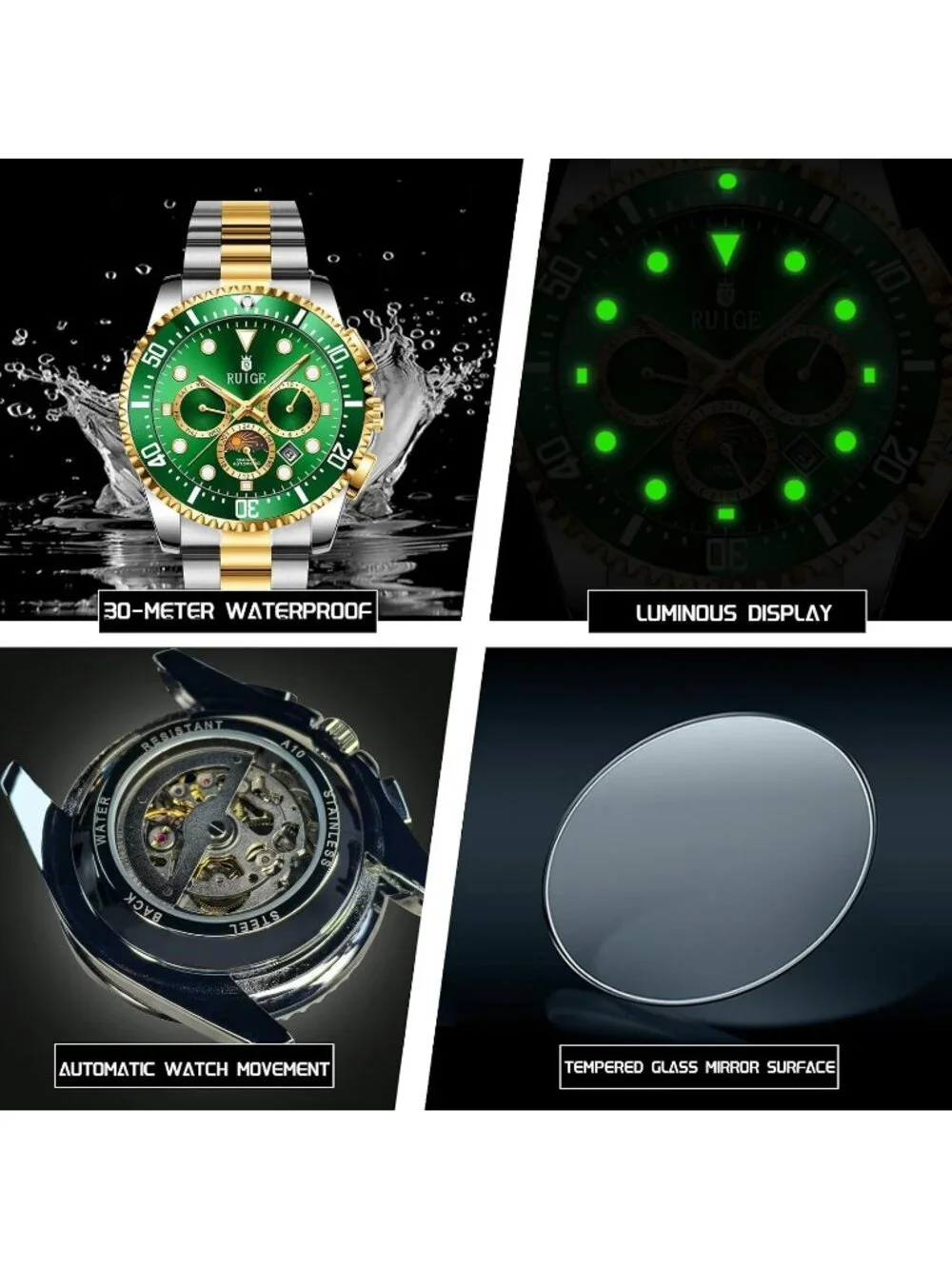 Men's Green Two-Tone Gold Steel Mechanical Waterproof Luminous Wrist Watch